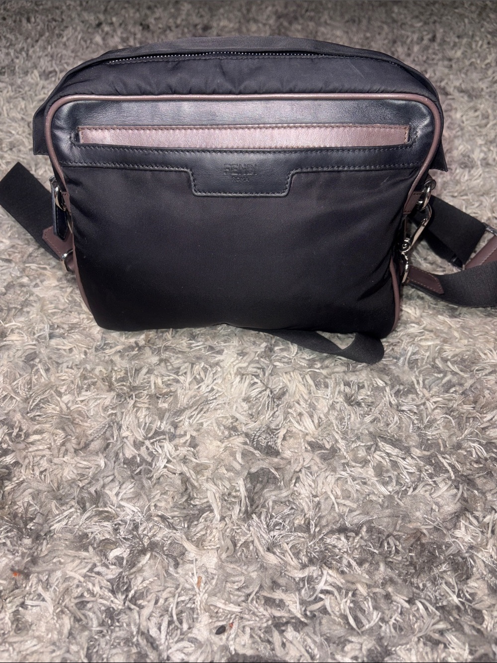 Fendi Black Nylon Messenger Bag with Brown Trim